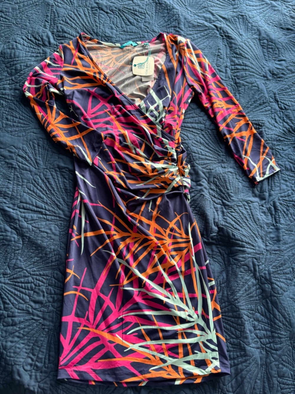 Tori Richard Navy Wrap Dress with Pink & Orange Palm Print
